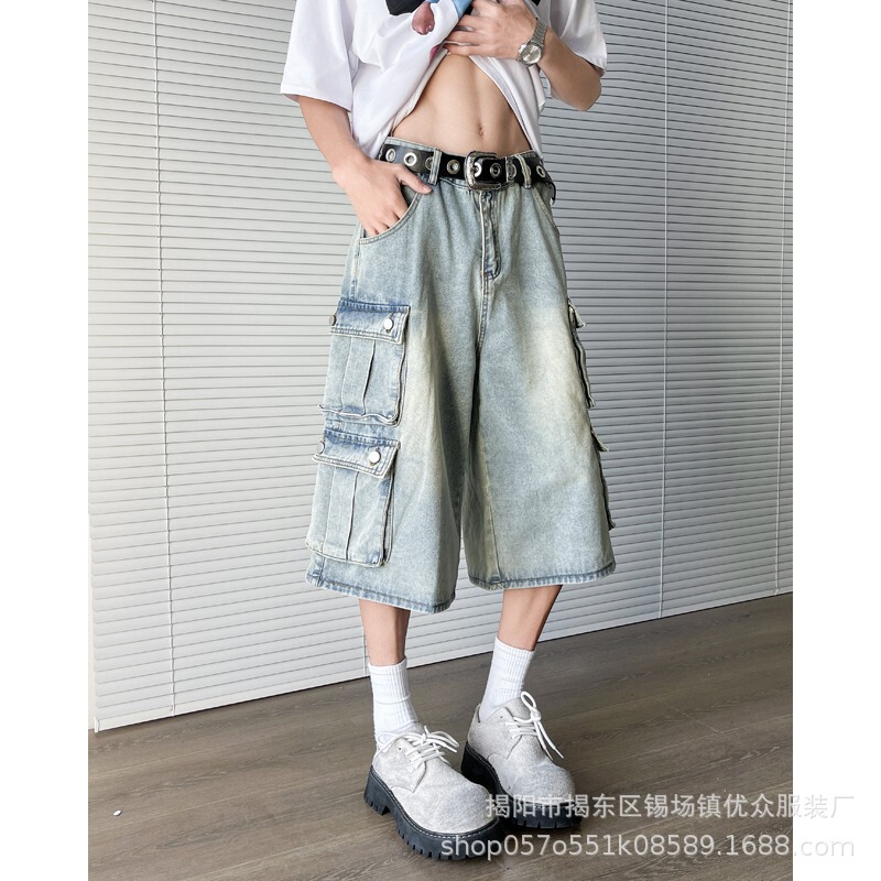 Summer American Retro Multi-Pocket Distressed Washed Cargo Jeans Unisex Trendy Loose Casual Cropped Pants