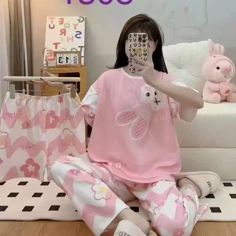 [conjunto de tres piezas] pijamas de mujer nuevo cuello redondo de verano manga corta ropa casera casual pantalones cortos sueltos set