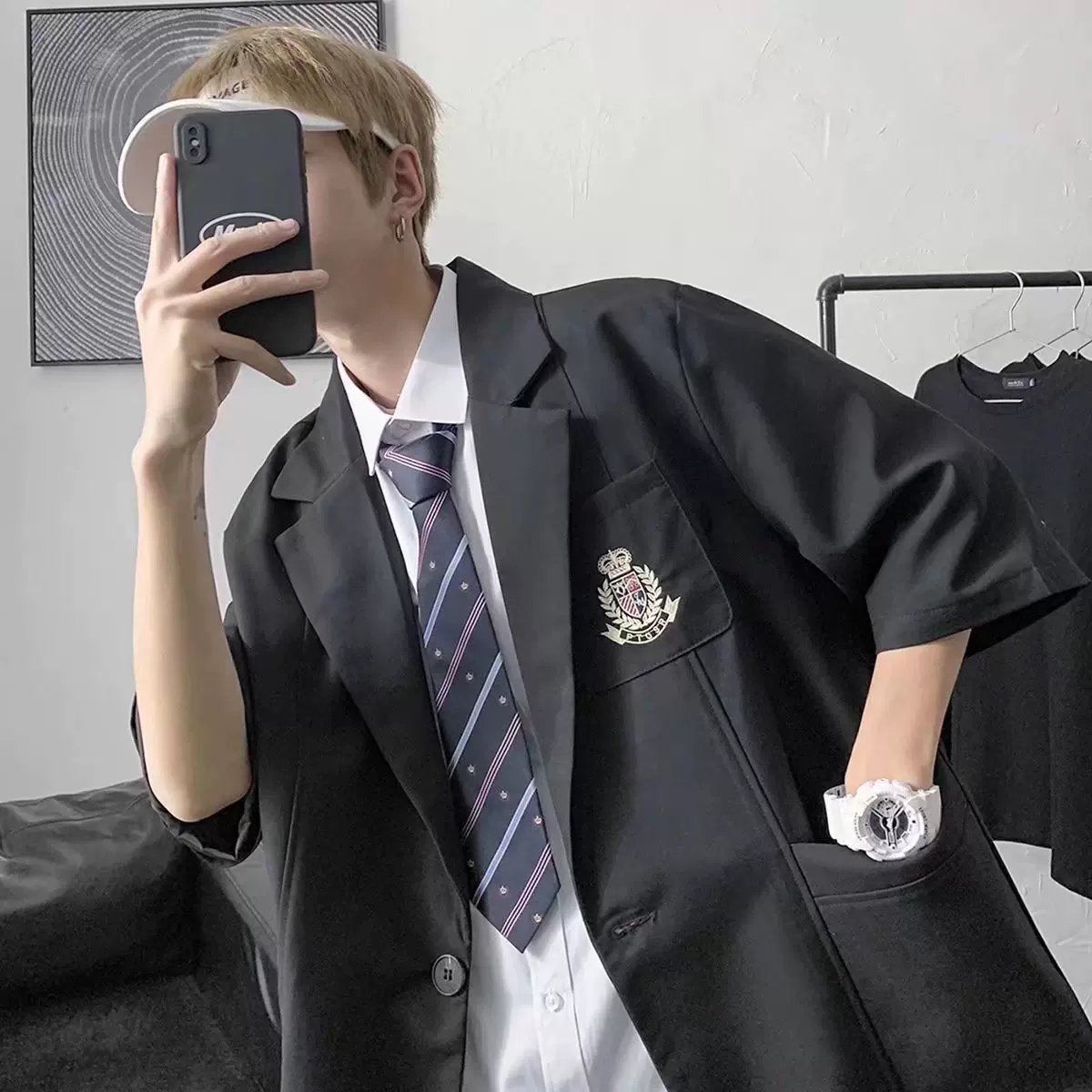 夏季大码休闲西装外套男宽松港风潮流DK制服学院风痞帅西服男班服