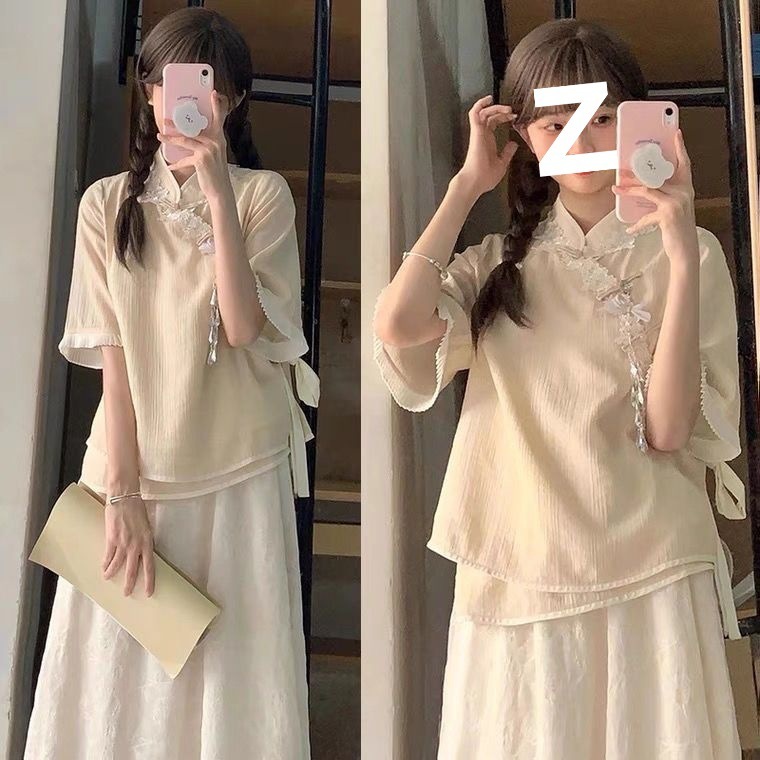 新しい中国風のトップスとスカートのツーピーススーツ夏改良された漢服漢要素の優しいドレス|undefined