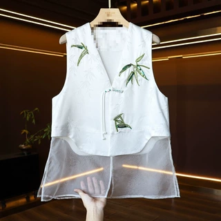 黑色重工刺绣醋酸新中式马甲背心女春新款欧根纱国风上衣羊毛新品