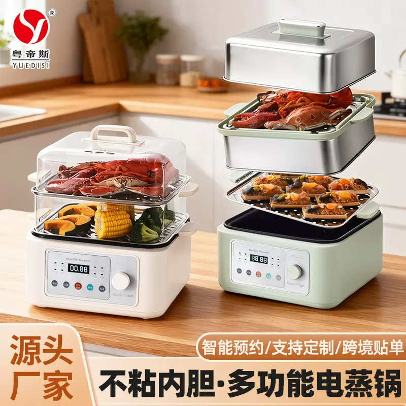 跨境多功能三层蒸锅家用大容量蒸煮一体不粘电火锅智能预约电蒸锅