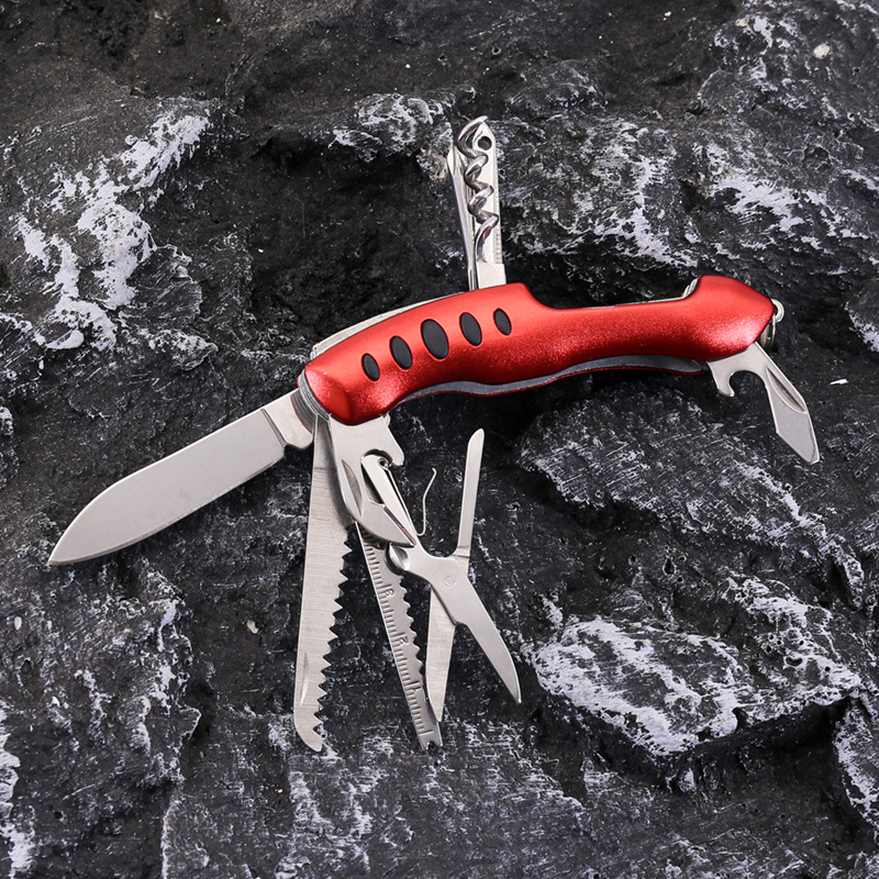 不锈钢11合一小刀 红色弯柄户外野营刀具便携折叠军刀 礼品刀