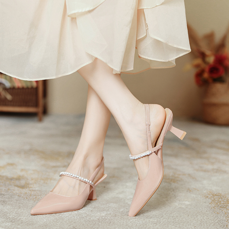 French Pointed Toe Shoes Women's Summer New Fairy Sexy Fashion Thin Heeled Rhinestone Shoes with Toe and Empty Sandals