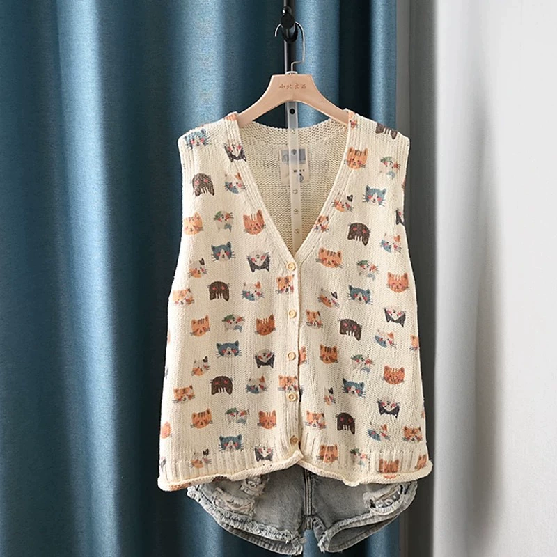 Корейский литературный свежий цветок трикотажный жилет ретро осень новый жилет без рукавов