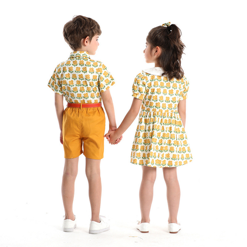 Impresión pastoral de verano con solapa camisa de mangas cortas para niños pantalones cortos dos piezas set coreano para niños y niñas show dress set