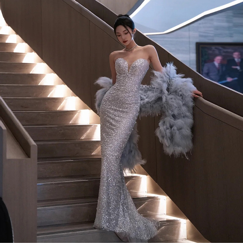 Strapless Mermaid Evening Gown Sexy New Style For Bride Wedding Engagement Toast Banquet Hostess Women's Party Wear_ecoleips.com