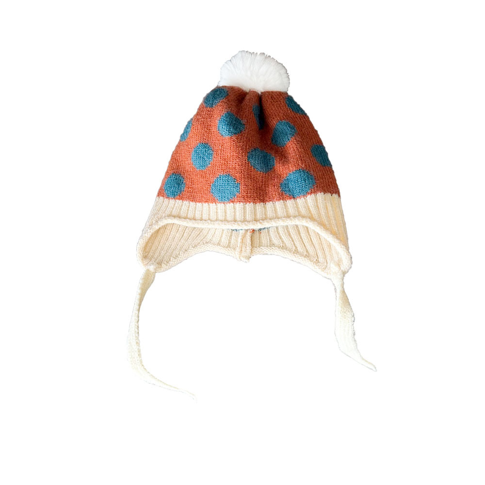 Niños otoño e invierno lindo gorro de punto de bola de piel a juego de color para hombres y mujeres bebé retro lunares cálido gorro de lana