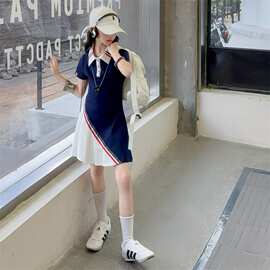 女童学院风连衣裙2026新款夏装洋气中大儿童条纹织带POIO短袖裙子