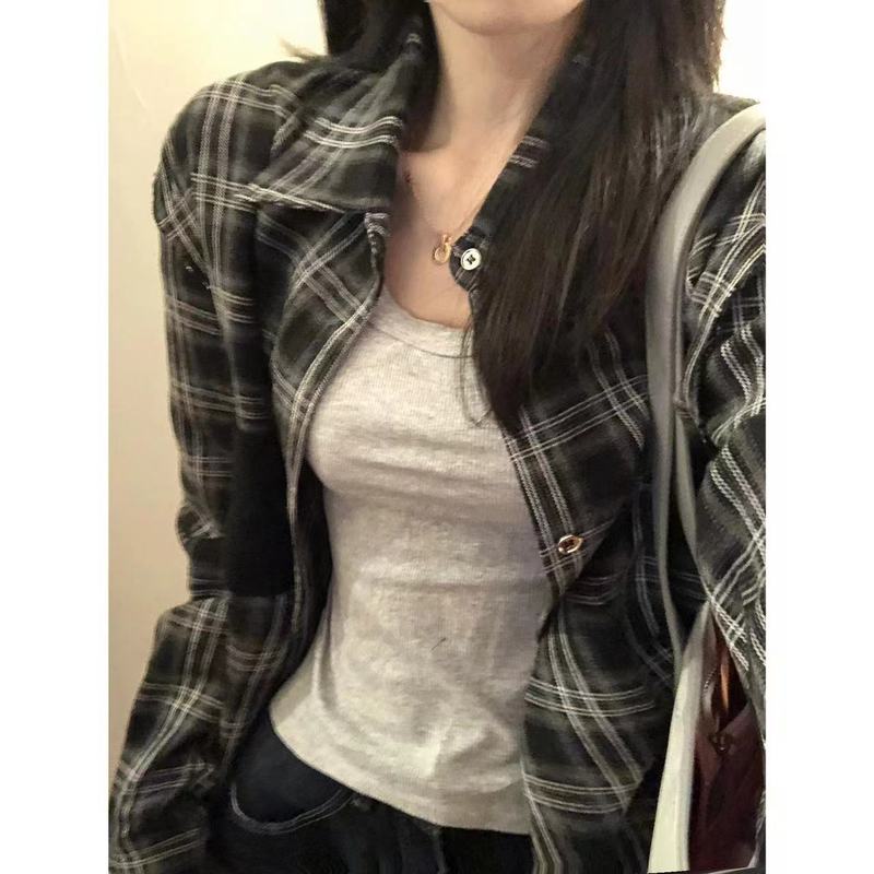 森系橘色格纹衬衫女叠穿年轻ins宽松遮肉显瘦长袖衬衣外搭开衫潮|undefined