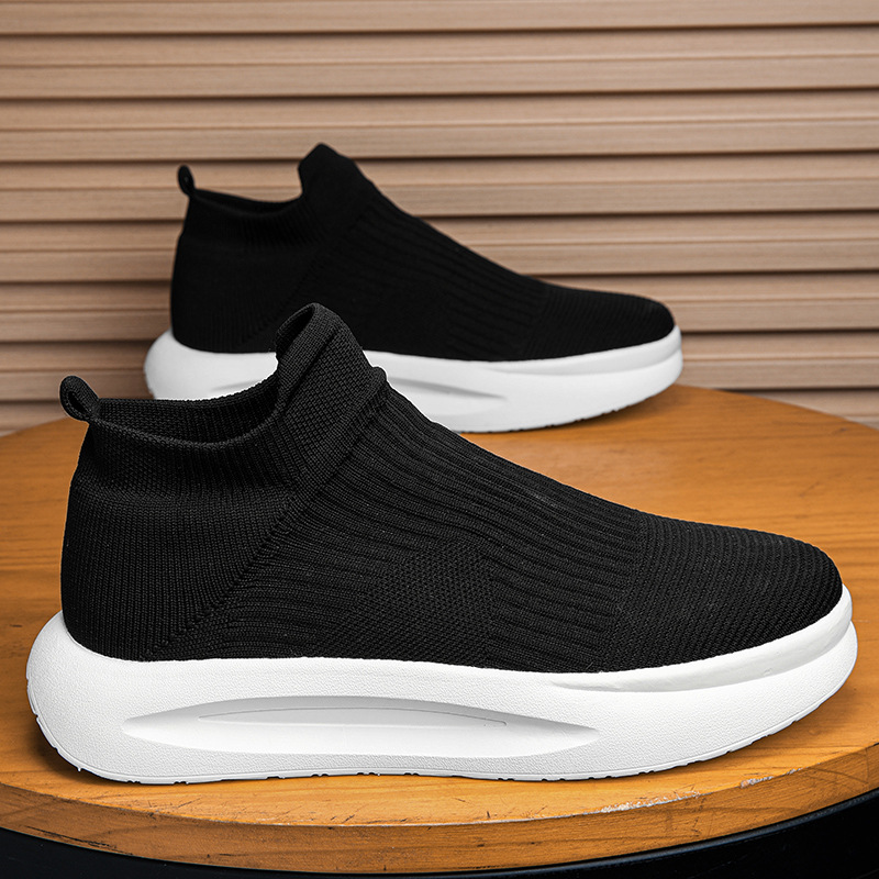 Cross-border Men's Shoes TikTok Explosions High-top Socks Shoes Thick-soled Lightweight Non-slip Slip-on Flying Woven Black sneaker Men