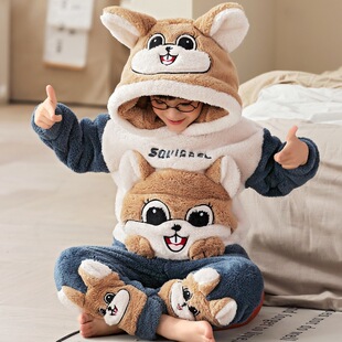 Boys' Pajamas Winter fleece-lined Thickened Coral Fleece Hooded Internet Popular Cartoon Children's Home Clothes Plus Fat Flannel suit