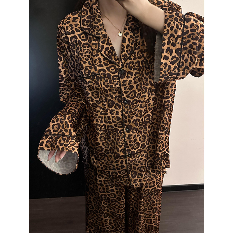 纯欲网红高级豹纹冰丝睡衣长袖女秋季薄款休闲长裤家居服大码套装|undefined
