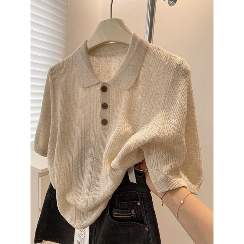 Japanese Retro Polo Collar Ice Silk Cotton Linen Short-Sleeve T-Shirt for Women, Summer Loose Casual Versatile Turn-Down Collar Knit Top Japanese Retro Polo Collar Ice Silk Cotton Linen Short-Sleeve T-Shirt for Women, Summer Loose Casual Versatile Turn-Down Collar Knit Top
