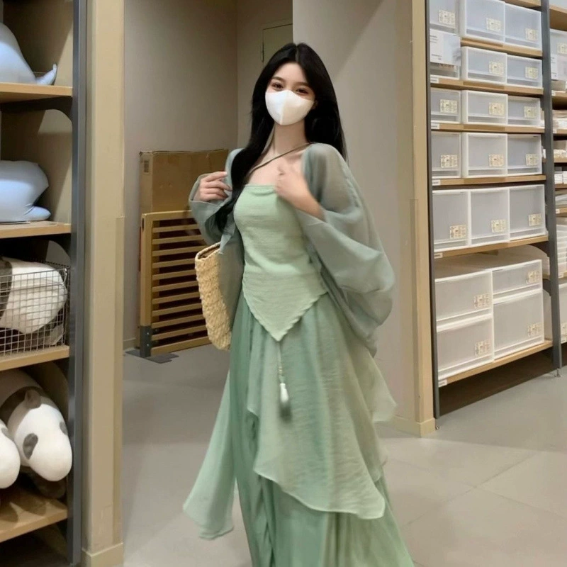 Новая китайская женская одежда в национальном стиле, улучшенные элементы Hanfu Han, ежедневная зеленая юбка из трех частей