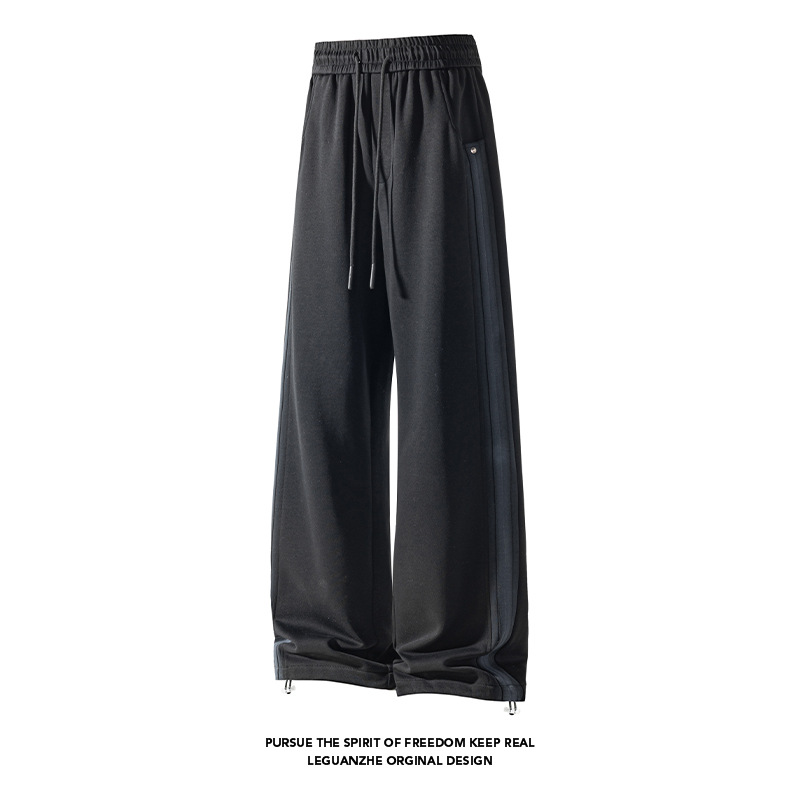 Black Curved Hem Air-layer Drawstring Sweatp For Men, Spring Cleanfit High Street Patchwork Striped Retro Wide-leg_voghion.com