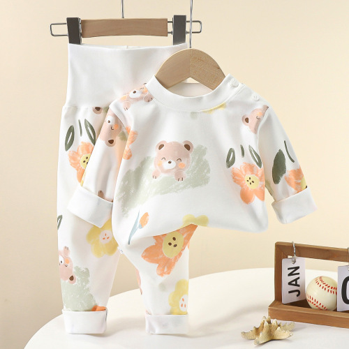 Baby High-Waist Protective Tummy Pajamas Set for Boys and Girls Autumn Top and Bottom Set Baby Spring and Autumn Home Wear Set Wholesale