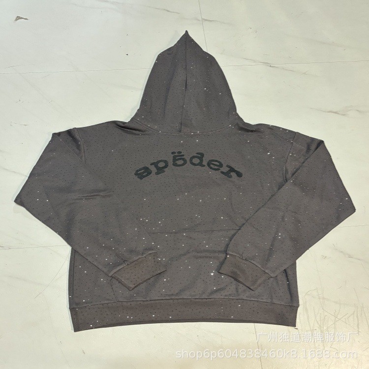 Sp5der Rhinestone Logo Hoodie Grey