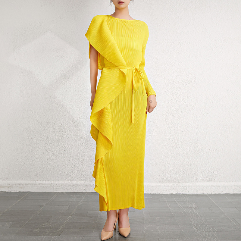 fashion slim-fit temperament long dress dress women's clothing design irregular pleated waist-tight dress