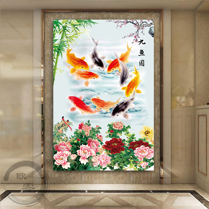 九魚図装飾画招財風水客間廊下通路入戸玄関壁画ハスの花竹壁貼り掛け絵|undefined