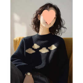 慵懒风高级感穿搭藏青色粗线毛衣女款2024新款秋冬季印花针织上衣