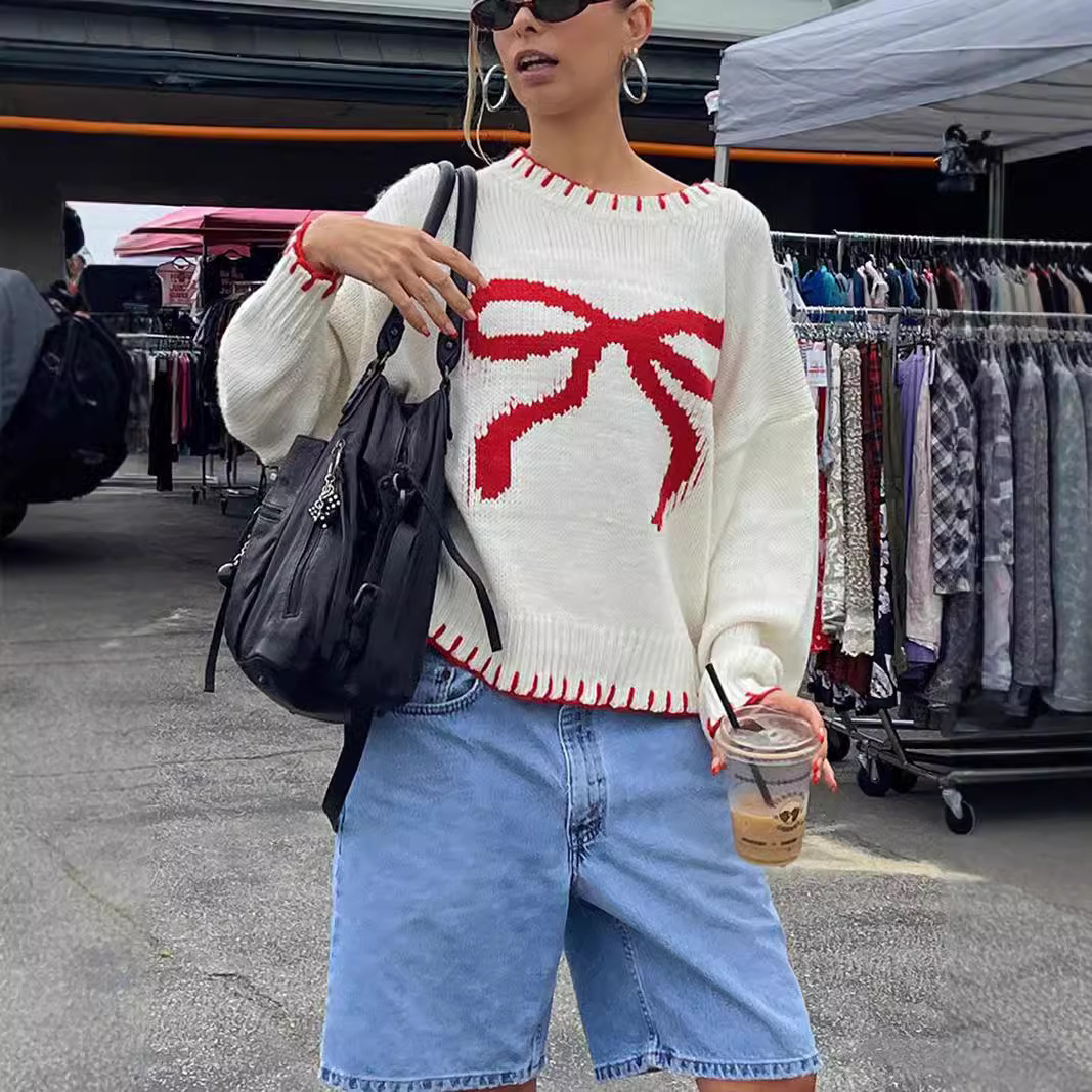 Women's Clothing Women's Bow Jacquard Sweater Autumn And Winter Lazy Style Loose Warm And Comfortable Pullover Sweater_voghion.com