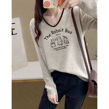 2025年新款小众不撞款拼色打底衫女生秋冬季v领棉宽松长袖t恤上衣