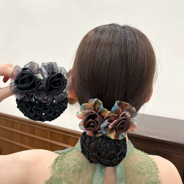 High-End Elegant Double Flower Hair Net Spring Hairpin Women's Back Head Ball Head Hairpin Net Pocket Middle-Aged Head Flower