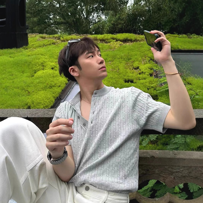 Korean Style Twist Rope Knitted Henley Shirt Men's Cool Breathable Slim Short-Sleeved Sweatshirt Mercerized Cotton Ice Silk Polo Shirt