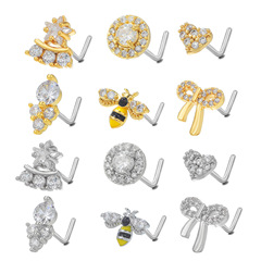 Cross-border European and American Bow-Shape Piercing Jewelry, Nose Studs, Vintage Fashion, Copper-Inlaid Zircon, Stainless Steel Thin-rod Nose Jewelry for Women