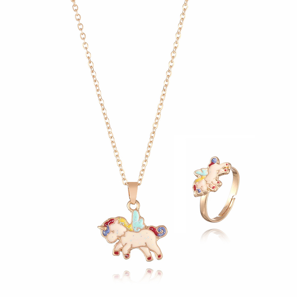 Cross border Best Sellers Cartoon love unicorn Pendant Necklace Good friend children Necklace Ring suit Jewelry