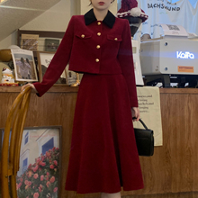 小香风两件套装裙女秋冬装新年红色高级感赫本风搭配一整套连衣裙