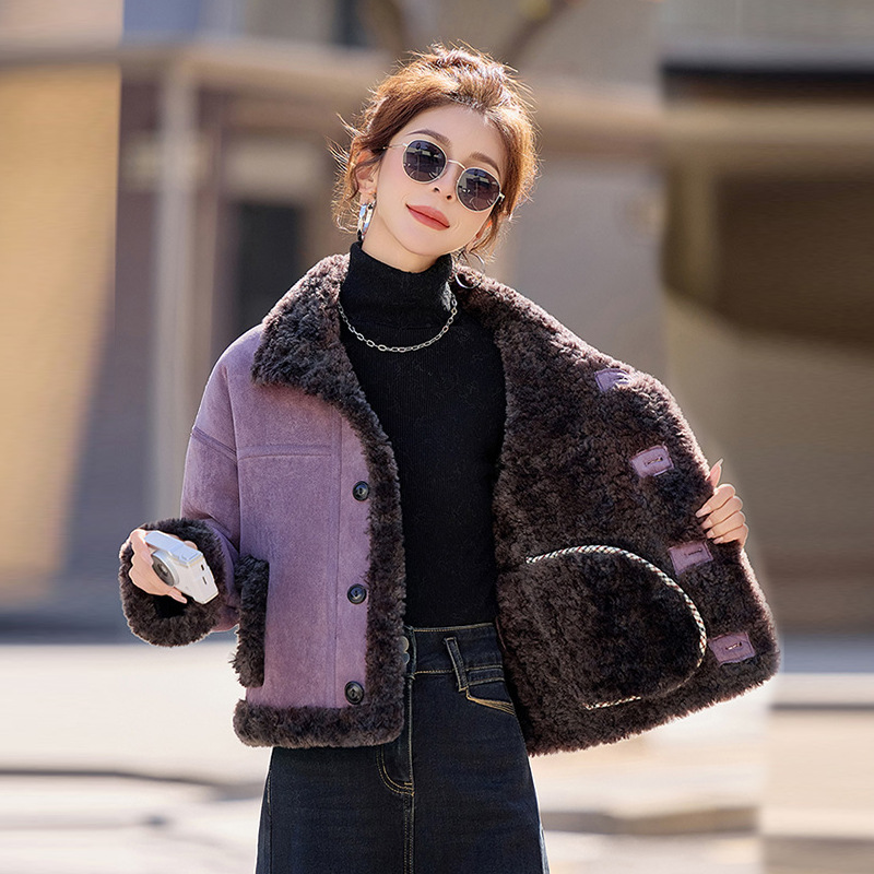 Korean Style Motorcycle Jacket with Stand Collar for Petite Women, Fur-Lined Coat, Single-Breasted, Thickened and Warm Top for Winter 2025