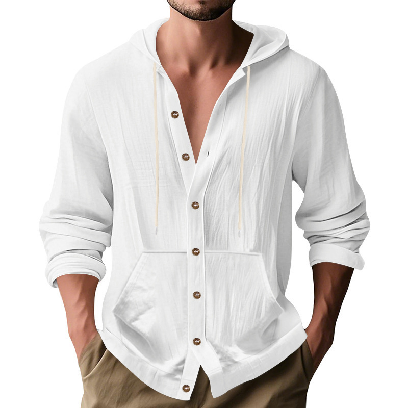 Transfronterizo Amazon primavera y otoño americano suelto para hombres lino suelto casual playa simple con capucha camisa de manga larga para hombres
