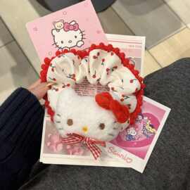 秋季新款毛绒公仔猫咪花边樱桃大肠发圈高颜值少女肥肠圈发饰批发