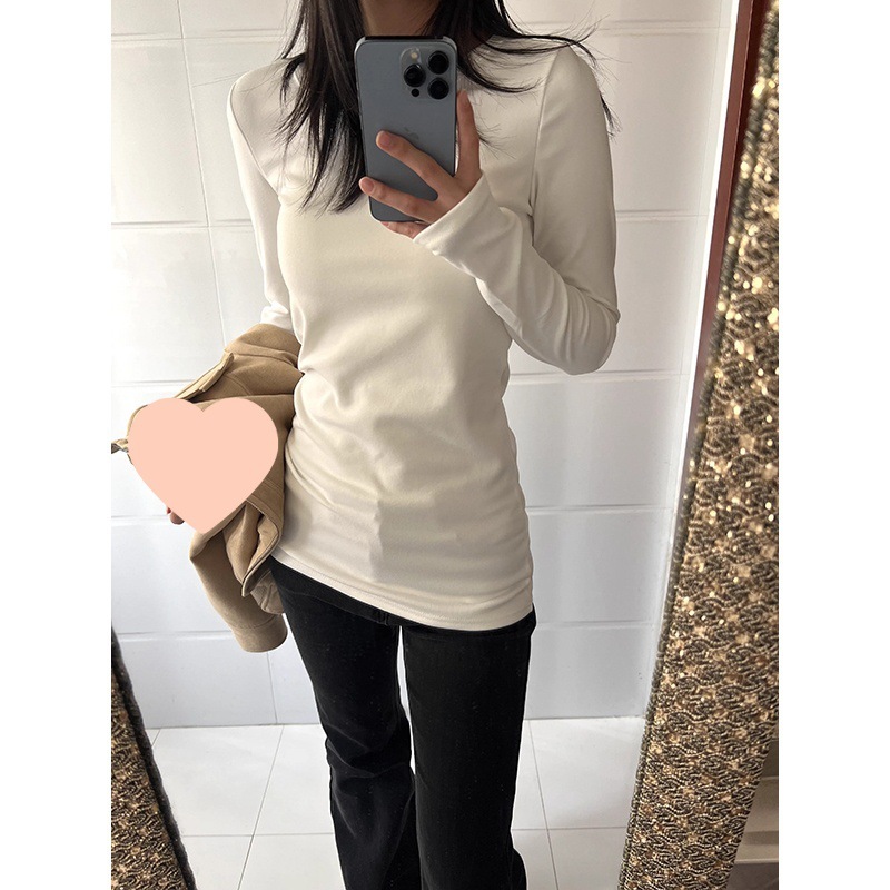 韩系白色正肩长袖恤女秋冬内搭修身收腰中长款打底衫遮屁股上衣|undefined
