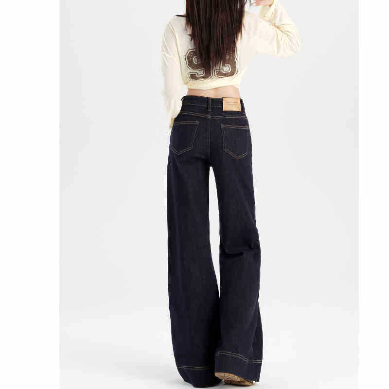 Denim Blue Straight-Leg Flared Jeans for Women, Spring and Autumn 2026 New Style, Dark Blue Petite Stretchy Wide-Leg Floor-Length Pants