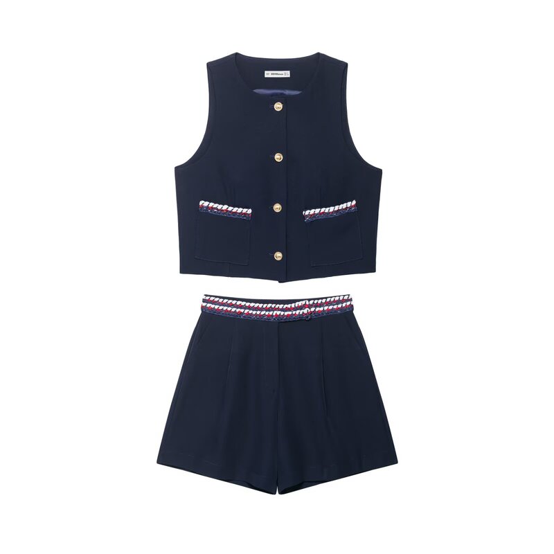 Zr Women's European and American Style 2025 Summer New Elegant Fancy Trim Vest + Trim Pattern Casual Shorts