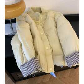 大码胖韩系圆领拼接格子袖口棉服女冬季宽松加厚显瘦面包服外套