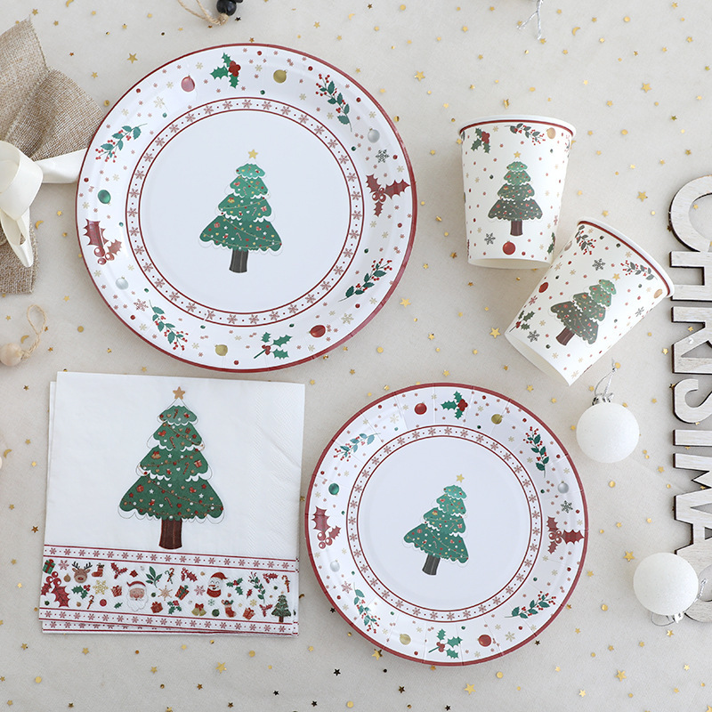 Cross-border Christmas Decoration Party Theme Tableware suit Disposable Paper Tray Christmas Supplies Christmas Tree Dinner Tray