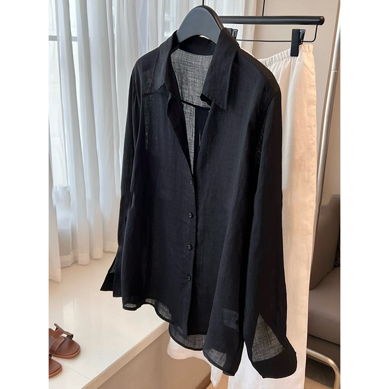 High-End Black Linen Polo Collar Shirt for Women, Summer 2025, Lightweight, Breathable, Comfortable, Sun-Protective Workwear Top High-End Black Linen Polo Collar Shirt for Women, Summer 2025, Lightweight, Breathable, Comfortable, Sun-Protective Workwear Top