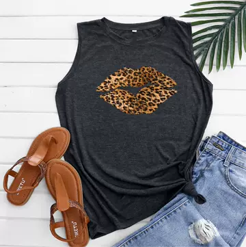 Women's Dress Loose Leopard Lip Print Round Neck Sleeveless T-shirt