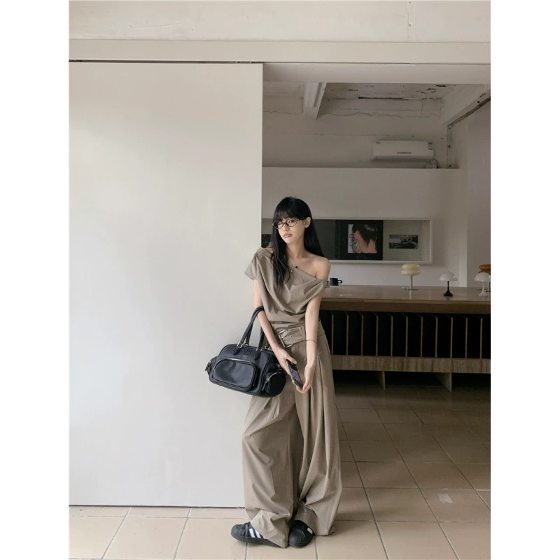 Женский комплект из широких брюк без бретелек абрикосового цвета с стильным топом и элегантным костюмом, комплект из двух предметов с длинными брюками.