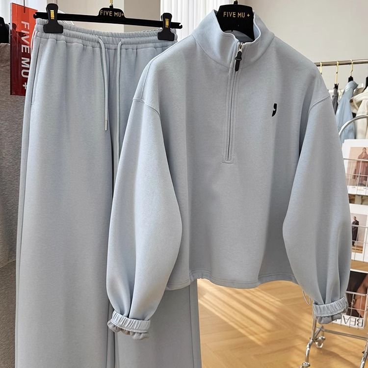 Casual Sports Suit for Women 2025 Spring New Loose Half-Zip Sweatshirt Straight Wide-Leg Sweatpants Super Popular Two-Piece Set