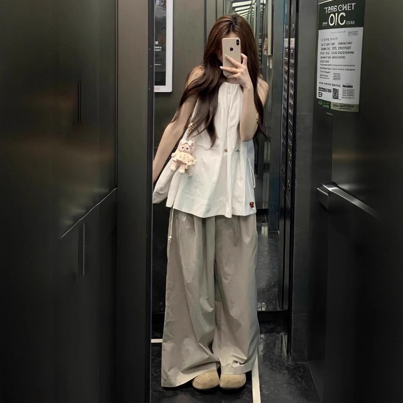 韓国風年齢軽減カジュアルスポーツスーツ女性用夏デザインニッチノースリーブシャツワイドレッグパンツ2点セット|undefined