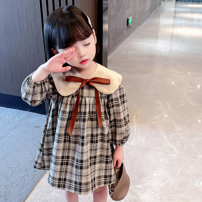 Girls Sprig ad 2023 New Baby Fashioable Autum Childre's Doll Neck Checkered Pricess Dress_voghion.com