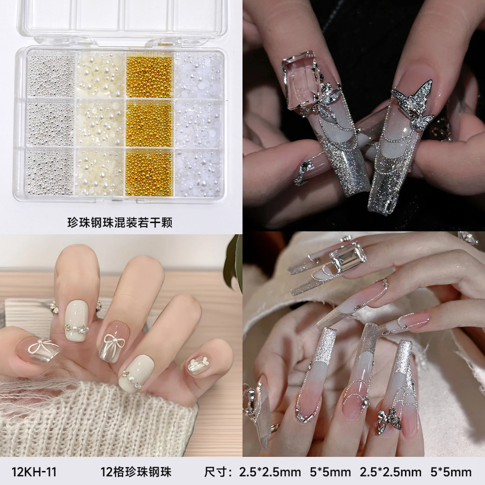 12 piezas de joyería de diamantes de manicura plana de fondo plano intermitente checo de diamantes de formas especiales joyería de mariposa de lentejuelas de uñas de perlas de todo fósforo