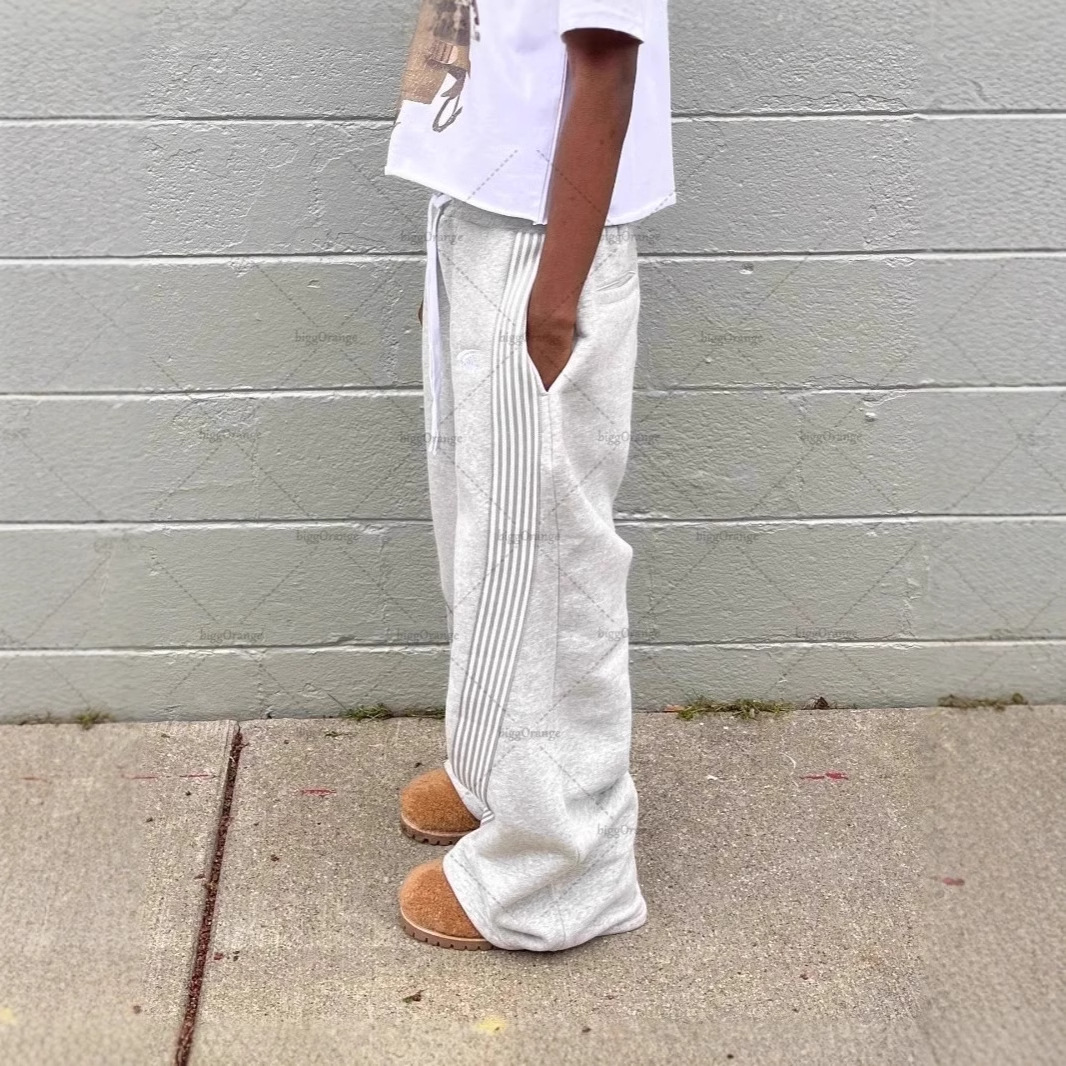 Men's & Women's Vintage Y2K Retro Side Stripe Jogger Pants - High Waist Loose Fit Casual Sweatpants With Fleece Embroidery (Black/Gray Stripe,)_voghion.com