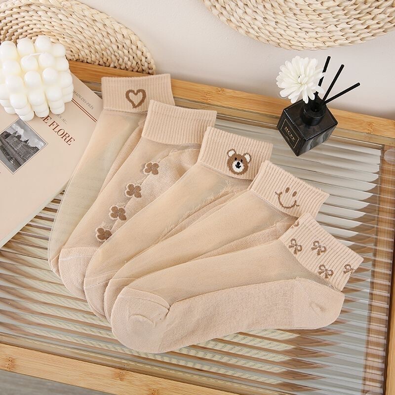 Women's Summer Thin Cotton Breathable Low-Waist Short Socks, Glass Silk Skin-Colored Crystal Socks, Cute Short Tube Socks