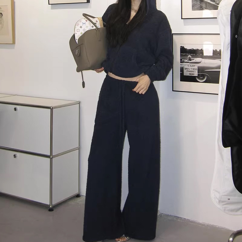 Sapphire Spring Retro Dark Blue Soft Velvet Terry Cloth Stretch Sports Suit Fashionable Casual Pants Suit